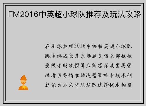 FM2016中英超小球队推荐及玩法攻略