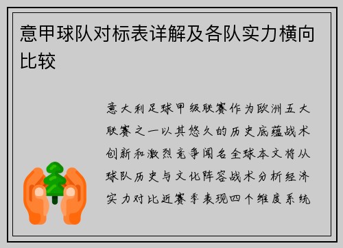 意甲球队对标表详解及各队实力横向比较